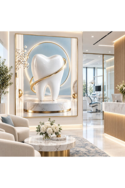 EMİLART Altın Sarmallı Zarif Beyaz Diş Kliniği Dental Kanvas Tablo