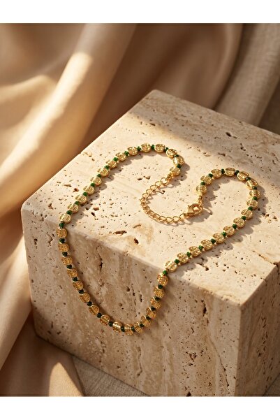 La sauvagine Women's Gold Hammered Plate Detailed Green Beaded Bohemian Necklace