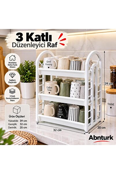 abnturk Tezgah Üstü Beyaz 3 Katlı Plastik Bardaklık-Mutfakta Banyoda Çok Amaç...
