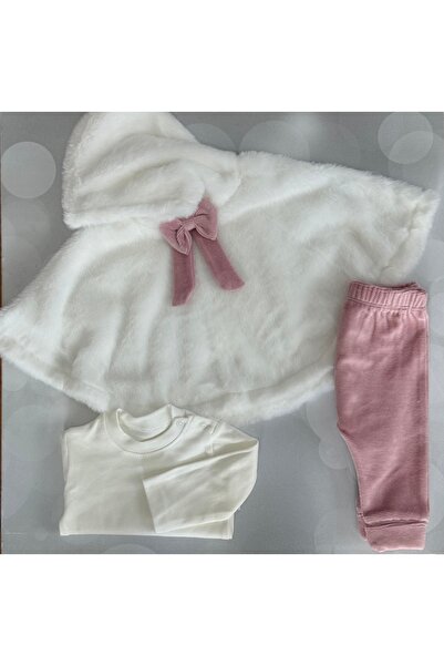 QÜNİ BEBE BEYAZ PELUŞ PELERİNLİ 3LÜ TAKIM