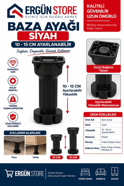 Ergün Store Baza Ayağı 10cm-15cm Ayarlanabilir Gri / Siyah 1 Adet