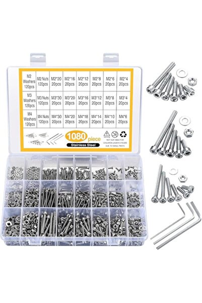 EXCEFORE 1080pcs M4 M3 M2 Stainless Steel Screws Bolts Nuts Lock and Flat Gas...