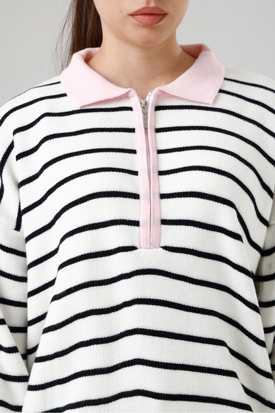 Madame QAN's Zippered Striped Polo Collar Premium Knitwear Sweater
