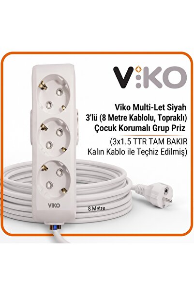 VİKO Multi-Let Beyaz 3'lü 5 Metre Topraklı Çocuk Korumalı Grup Priz (3x2.5 TT...