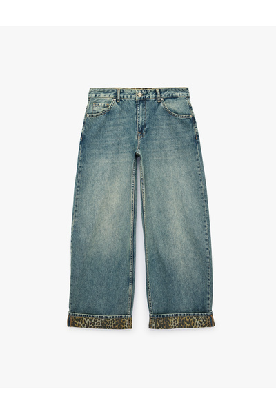 Koton Leopar Baskılı Katlı Paçalı Pamuklu Düz Paça Denim Pantolon - Straight ...