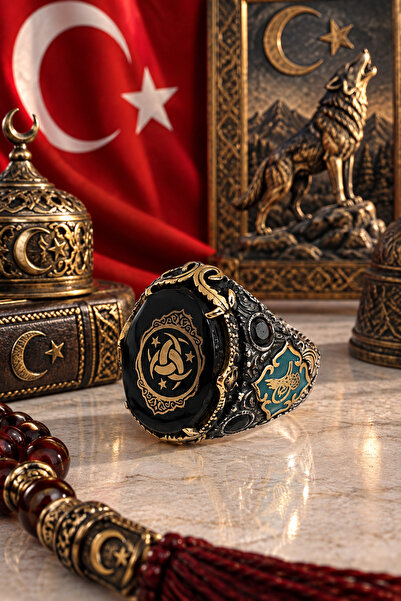 Siset Gümüş 925 Ayar Kehribar Taş Üzerine Teşkilat-ı Mahsusa Erkek Gümüş Yüzük