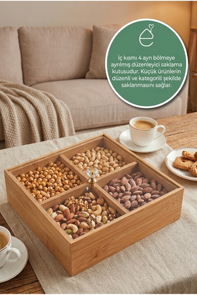 EVEN’s Bambu Akrilik Kapaklı 4 Bölmeli Kare Çerezlik Ve Sunum Kutusu Cam Kulp...