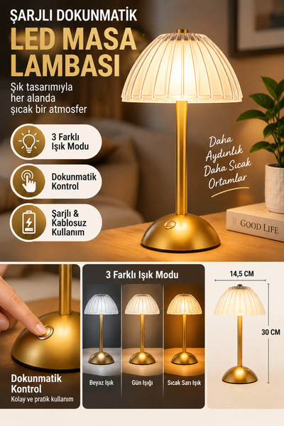 Hane Dostu Şarjlı Dokunmatik LED Masa Lambası 3 Işık Modlu Uzun Mantar Model ...