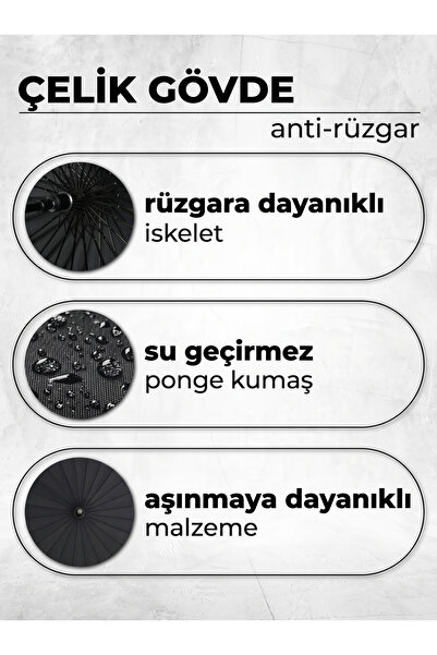 fitfiyat Baston Şemsiye 16 Telli Premium Kalite Geniş Kubbeli Siyah Şemsiye Kaymaz Saplı Rüzgara Dayanıklı Klasik Şemsiye