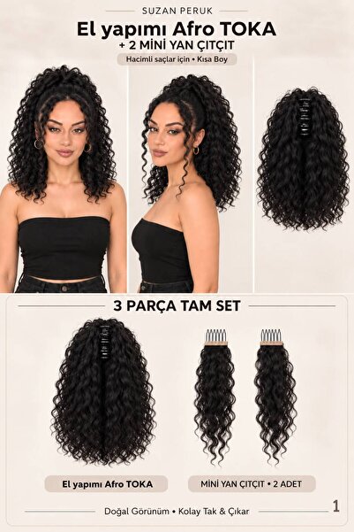 Suzan Peruk Kısa Afro Kıvırcık Mandallı Toka & Ön Çıt Çıt Seti