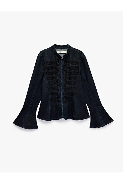 Koton Dik Yaka Uzun İspanyol Kollu Fermuarlı Peplum Denim Ceket Napolyon Kapa...
