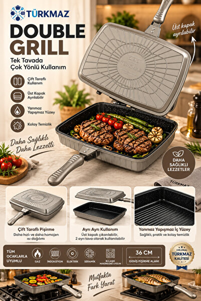 TÜRKMAZ Double Grill - 36 cm Çift Taraflı Ayrılabilir Özel Döküm Izgara Tava