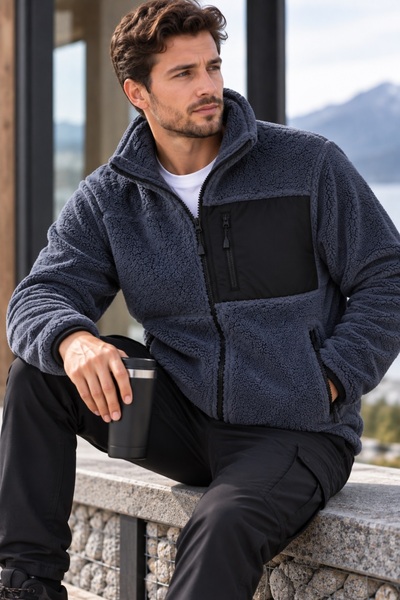 Machi Men's Oversize Lamb Welsoft Warm Plush Fleece Jacket with 3 Pockets, Full Zip, Full Size, Ecru, Navy Blue, Black, Coffee, Green