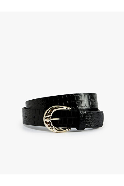 Koton Crocodile Textured Faux Leather Belt with Metal Buckle