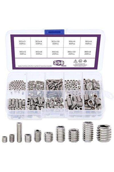TERRIFI 350 Pcs Stainless Steel Hex Socket Set Screws, M3/4/5/6/8 Assortment ...