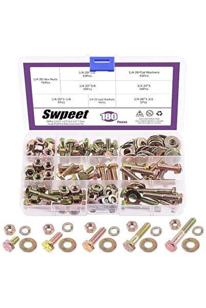 Swpeet 180Pcs 1/4-20" x 1/2" to 1-1/2" 5 Sizes Grade 8 USS Nut Bolts Assortme...