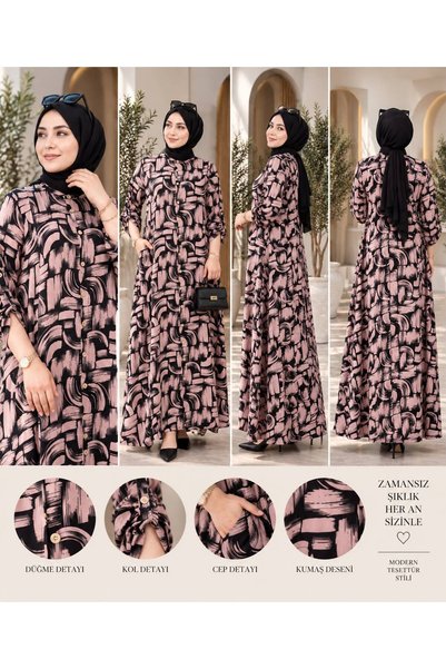 HANEDAN TESETTÜR Plus Size Crinkle Patterned Pocketed Full-Length Buttoned Viscose Maternity Dress