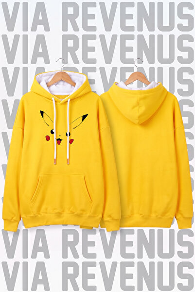 Vordevia Pikachu Baskılı Unisex Geniş Kalıp Sarı Hoodie Kapüşonlu Sweatshirt ...