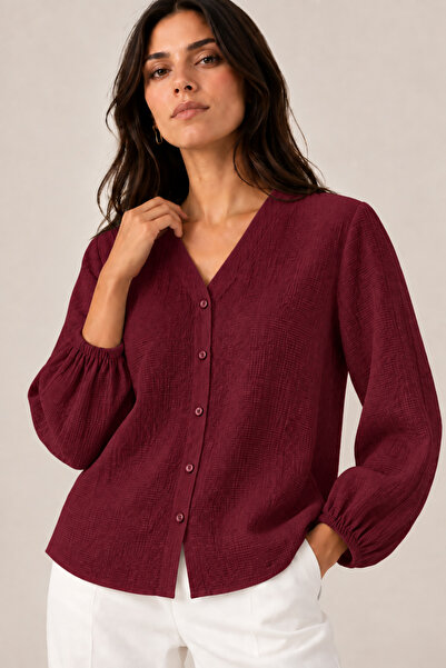 Nuevo Women's Burgundy V-Neck Buttoned Long Sleeve Textured Blouse Shirt New ...