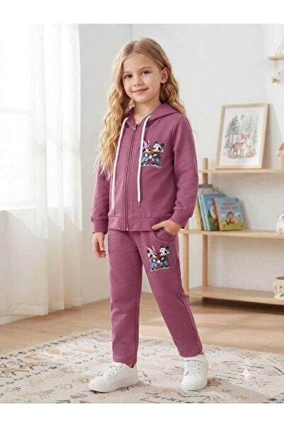 krm kerem bebe Girls' Printed Hooded Zippered 2-Piece Cotton Set Sweatshirt &...