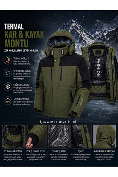 MODAZENGEL Erkek Haki Termal Su Geçirmez Kar Kayak Montu