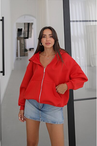 Havoş Kırmızı Fermuarlı Kapüşonlu Sweatshirt