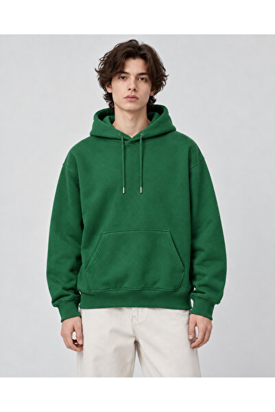 Unisex Oversize Kapüşonlu Sweatshirt Yeşil Kanguru Cepli 3 İplik İçi Şardonlu Basic Hoodie