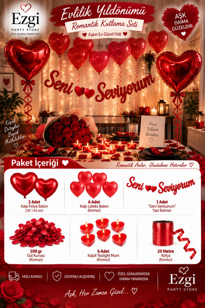 Ezgi Party Store Evlilik Yıldönümü Romantik Kutlama Seti Seni Seviyorum Banne...