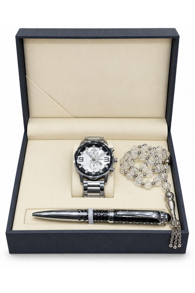 TIMERA Gift Set with Silver Watch, Pen and Prayer Beads in Luxury Box