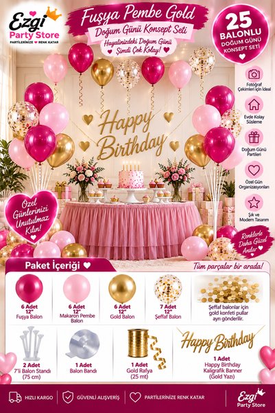 Ezgi Party Store 25 Balonlu Fuşya Makaron Pembe Gold Doğum Günü Kutlama Konse...