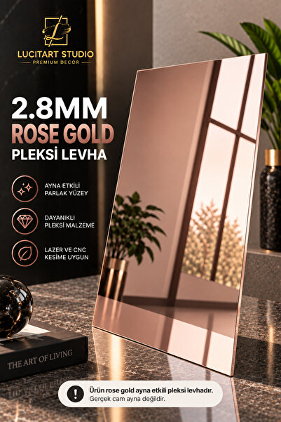 LucitART 2.8 mm Rose Gold Pleksi Levha – Parlak Yansıtıcı Akrilik Plaka – Laz...