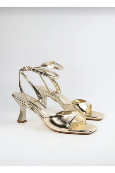 İZMİRİM AYAKKABI Women's Gold Shiny Square Toe Ankle Strap 7 cm Thin Heeled Evening Dress Sandals