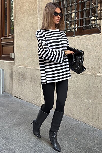 Swist Black Thin Crew Neck Striped Loose Slim Women's Sweatshirt