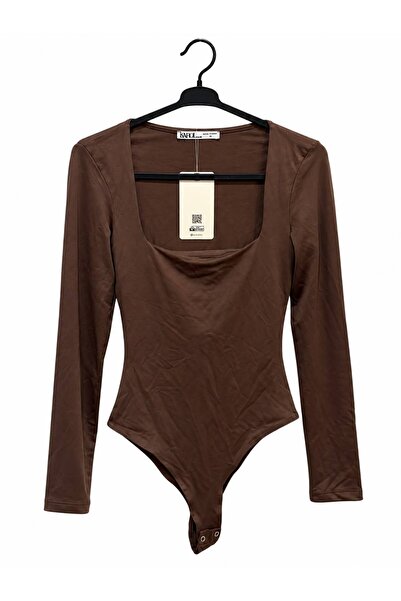 Labien Butik Luna Kare Yaka Zıbınlı Body - Kahverengi