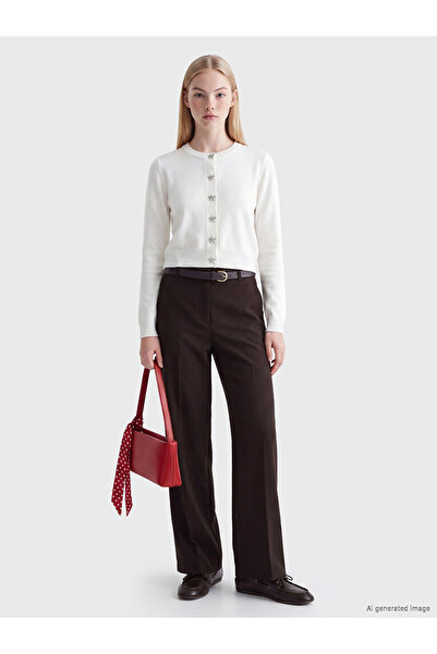 LC Waikiki Peak New Season Brown Women's Trousers with Belted Waist