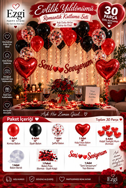 Ezgi Party Store 30 Parça Evlilik Yıldönümü Kutlama Seti Seni Seviyorum Banne...