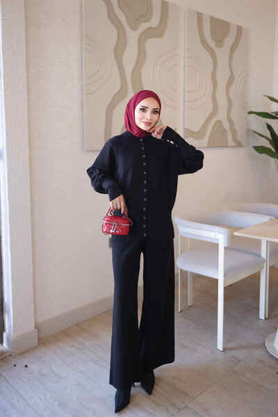 İmajButik Black Corsman Premium Knitwear Cardigan and Trousers Set