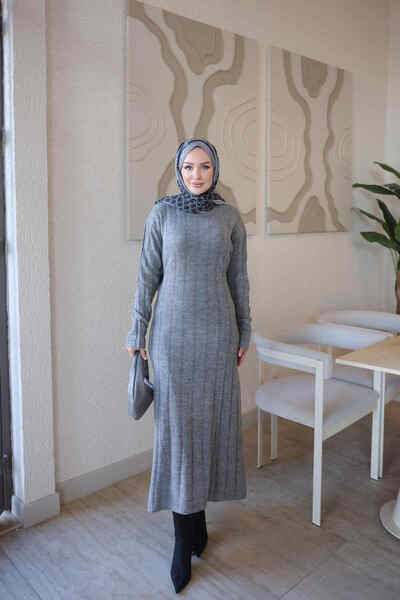 İmajButik Gray Corded Waist-Tie Knitwear Dress