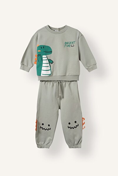 DeFacto Crocodile Printed and Appliqué Detailed 2-Piece Sweatshirt Set for Ba...