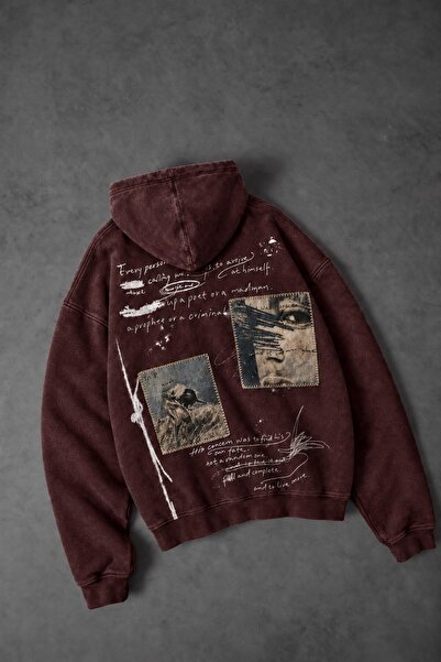 Slatra Men's Burgundy Himself Patch Custom Washed Oversize Hoodie