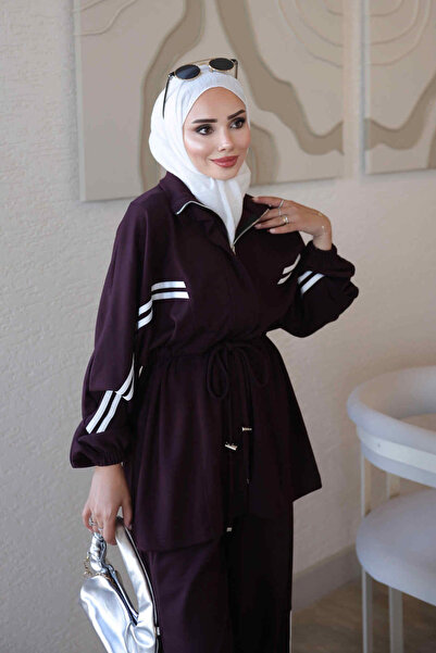 İmajButik Mürdüm Fermuarlı Şeritli Tunik Pantolonlu Takım
