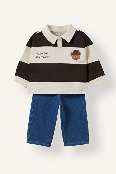 DeFacto Striped Polo Collar Bear Patterned Sweatshirt and Trousers 2-Piece Se...