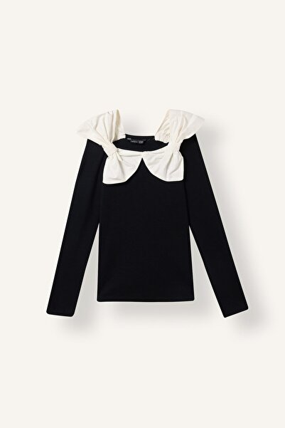 DeFacto Contrast Bow Collar Ribbed Camisole Long Sleeve Basic T-Shirt Girl I3...