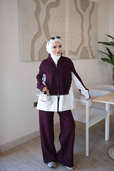 İmajButik Bordo Corsman Gömlek Detay Pantolonlu Triko Takım