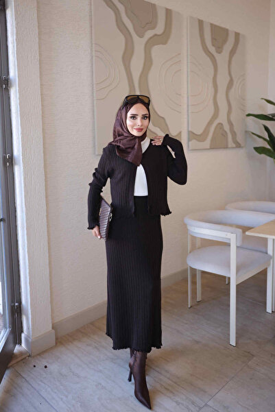 İmajButik Brown Corsman Corduroy Cardigan Skirt Knitwear 3-Piece Set