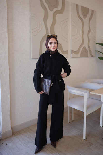 İmajButik Siyah Corsman Premium Hırka Pantolonlu Triko Takım