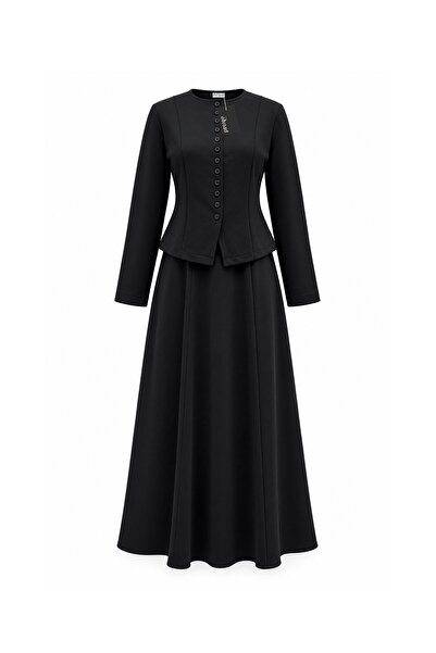 praye Costum cu fustă cu nasturi, negru