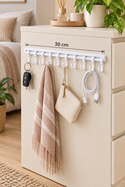 BLUE SİDE 1 Adet Pratik 10 Kancalı Yapışkanlı Askılık 30 cm – Dolap İçi ve Çe...