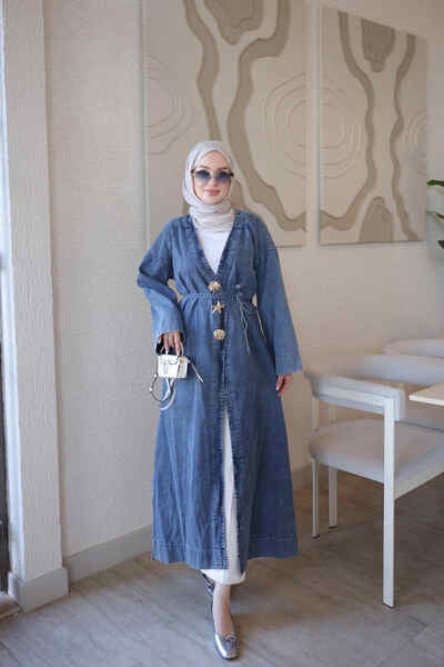 İmajButik Blue Accessory-Enhanced Tie-Waist Long Denim Jacket
