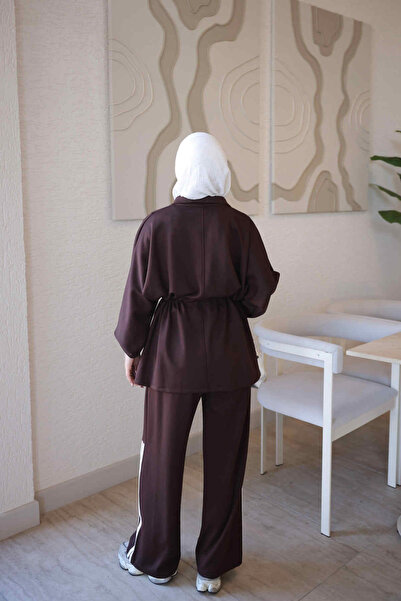 İmajButik Kahverengi Fermuarlı Şeritli Tunik Pantolonlu Takım